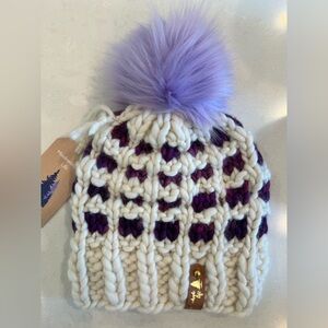 Chunky Knit Kids Beanie with Pom Pom - Cream and Purple